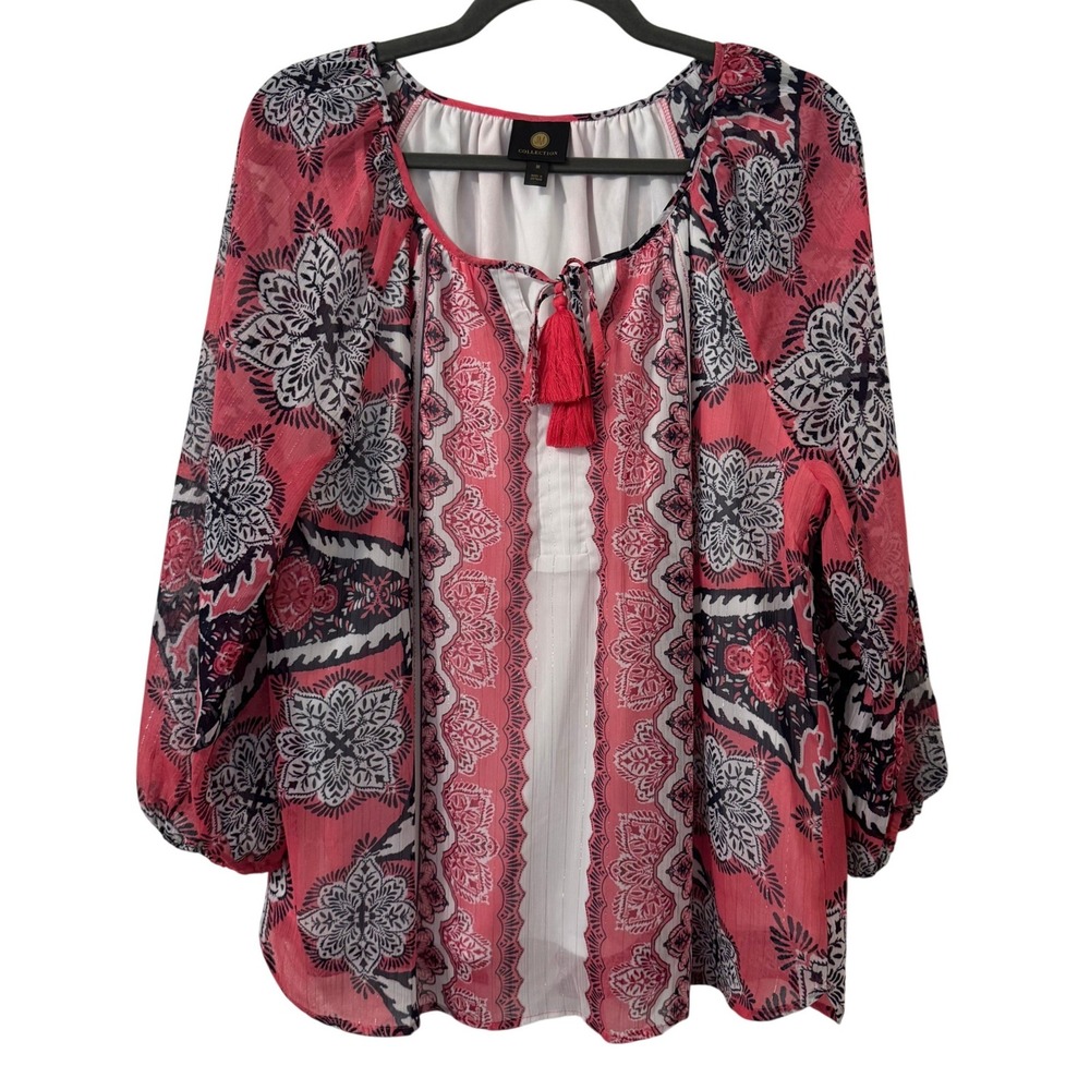 JM Collection Top Womens M Pink Boho Tassel Peasant Flowy Blouse Vacation Resort